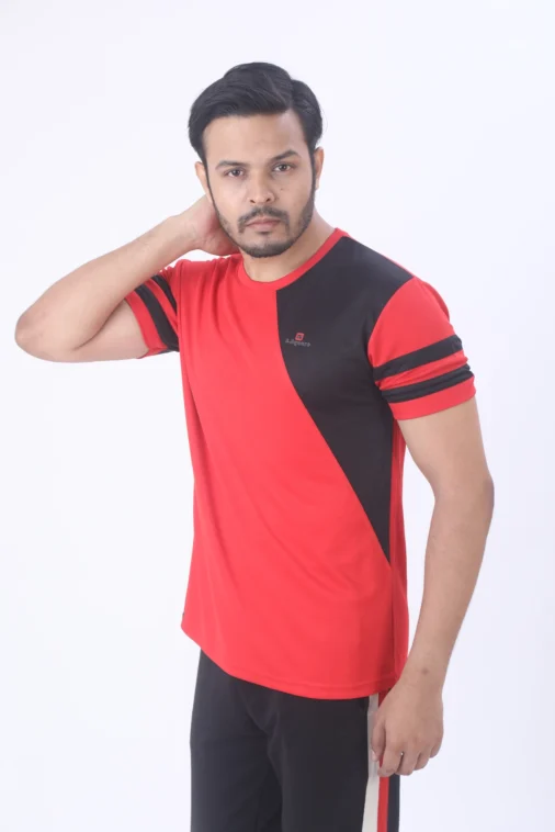 Men Instadry Round Neck Color-Panel T-shirt Red - Image 5